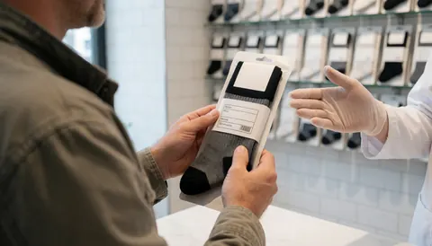 Une cliente examine un paquet de chaussettes de compression pendant qu'un podologue en gants lui explique les détails dans une boutique de soins du pied.