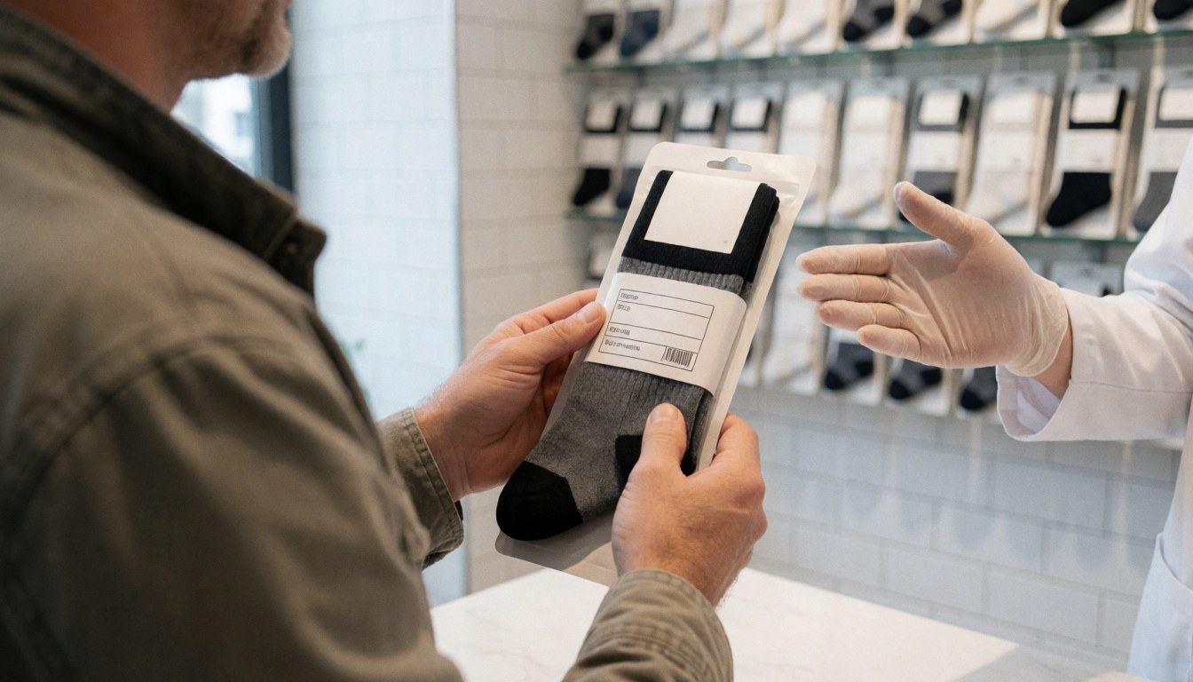 Une cliente examine un paquet de chaussettes de compression pendant qu'un podologue en gants lui explique les détails dans une boutique de soins du pied.