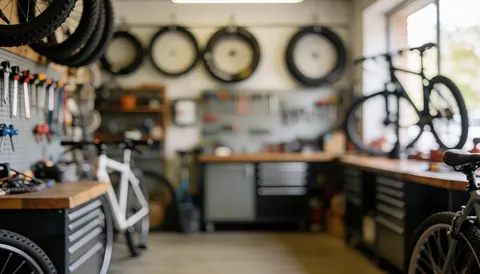 Intérieur d'un atelier de mécanique cycliste montrant des roues accrochées, des outils au mur et des vélos en arrière-plan flou.