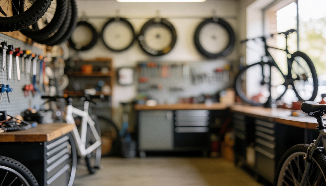 Intérieur d'un atelier de mécanique cycliste montrant des roues accrochées, des outils au mur et des vélos en arrière-plan flou.