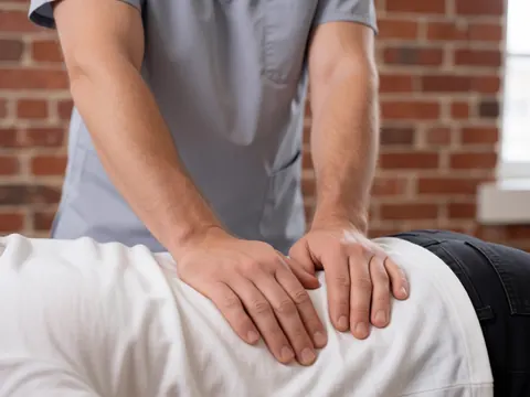 Un thérapeute applique une pression douce sur le dos d'un patient. Les mains sont nettes tandis que les murs de briques en arrière-plan sont flous, évoquant calme et professionnalisme.