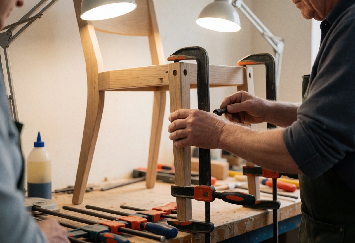 Un menuisier professionnel répare une chaise en bois avec des serre-joints et de la colle dans un atelier bien éclairé.
