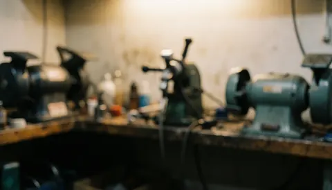 Arrière-plan flou montrant des outils industriels et des machines dans un atelier de réparation, évoquant l'environnement professionnel du secteur technique.
