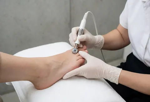 Un podologue professionnel utilise une lime pour traiter les callosités sur le pied d'un patient dans un environnement clinique.
