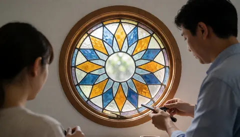 Un artisan pose une fenêtre circulaire à motifs géométriques dans un intérieur lumineux avec des détails en bois.