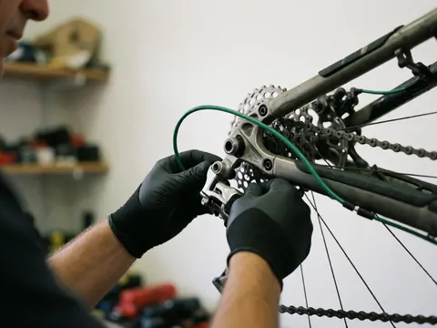 Gros plan montrant les mains d'un mécanicien ajustant avec précision des composants métalliques et des câbles sur un vélo en atelier.