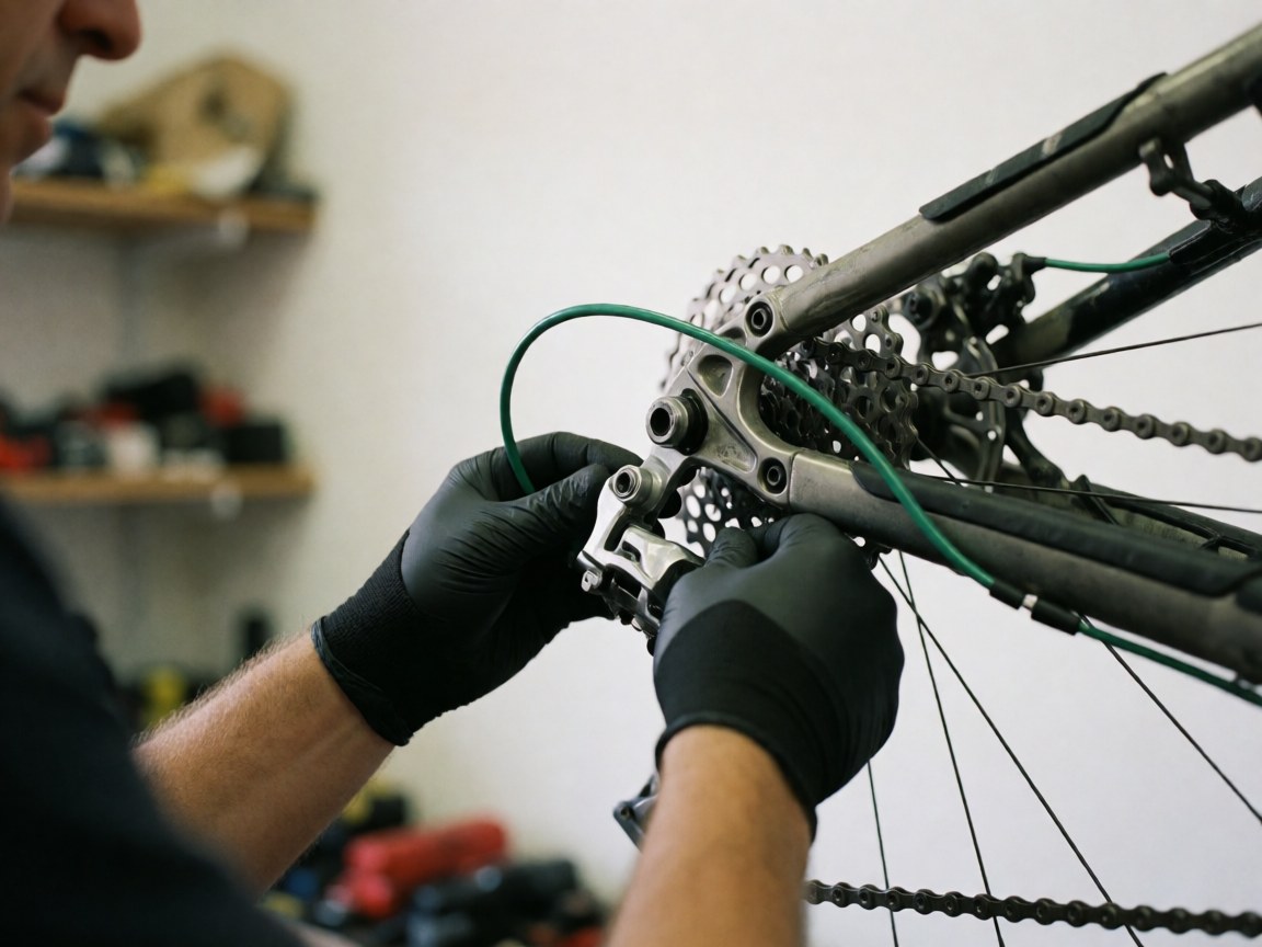 Gros plan montrant les mains d'un mécanicien ajustant avec précision des composants métalliques et des câbles sur un vélo en atelier.