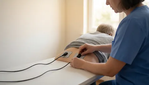 Un professionnel applique des électrodes sur le dos nu d'un patient allongé sur une table de traitement dans un cabinet de physiothérapie.