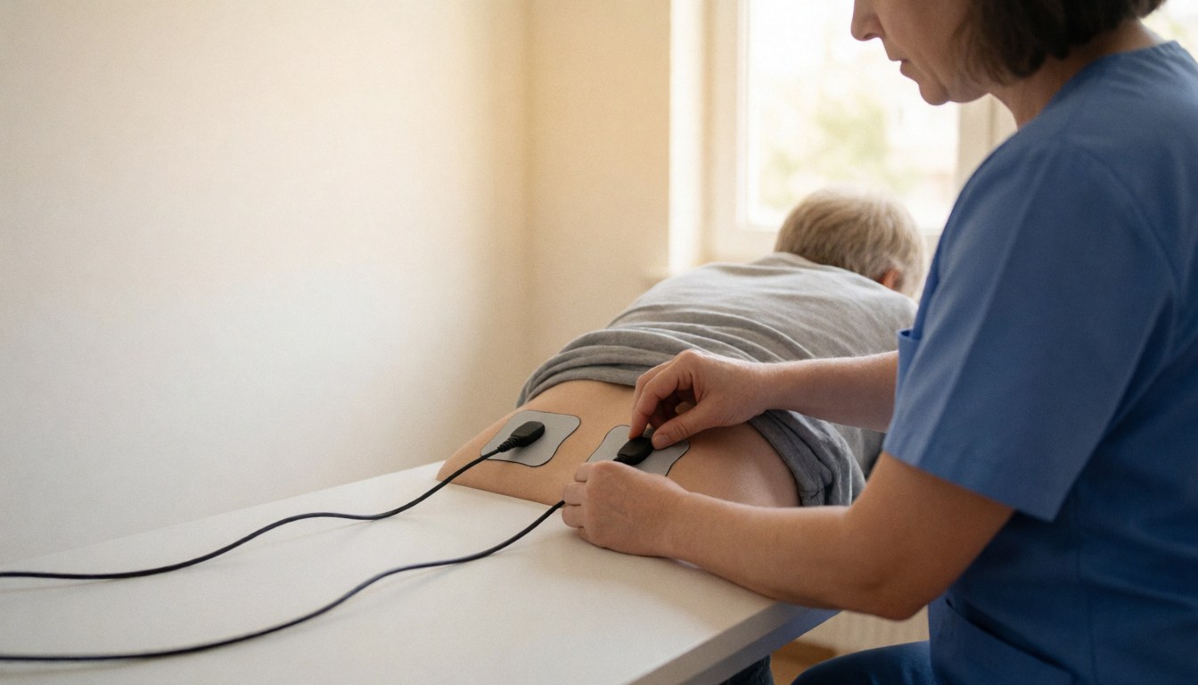 Un professionnel applique des électrodes sur le dos nu d'un patient allongé sur une table de traitement dans un cabinet de physiothérapie.