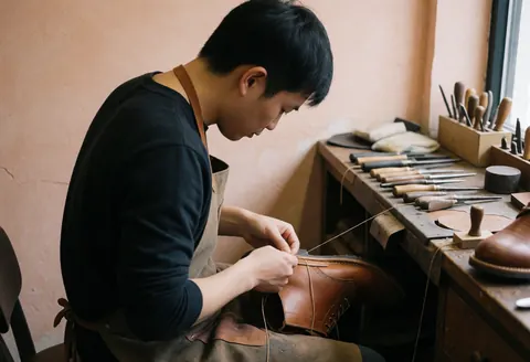 Un cordonnier travaille sur une chaussure en cuir marron dans son atelier avec des outils de réparation.