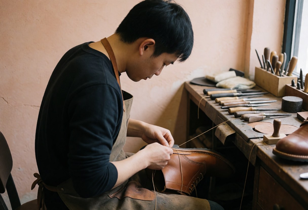 Un cordonnier travaille sur une chaussure en cuir marron dans son atelier avec des outils de réparation.