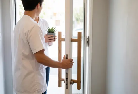 Un praticien en uniforme blanc ouvre une porte en verre d'une main tout en tenant une plante succulente de l'autre, dans un intérieur moderne aux murs gris et à la lumière naturelle.