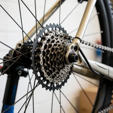 Chaîne et cassette de vélo bien lubrifiées et brillantes dans un atelier de réparation avec un fond flou, prêtes pour le montage.