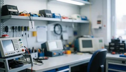 Arrière-plan d'un atelier de réparation avec du matériel électronique, des outils et des étagères, idéal pour les textes sur les services de réparation de moteurs et de maintenance.