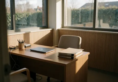 Espace de travail propre et accueillant pour ostéopathe, équipé d'un bureau, chaise, ordinateur portable et dossiers, baigné de lumière naturelle.