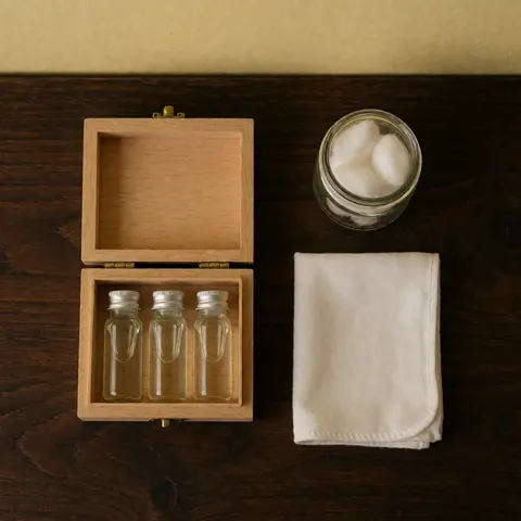 Une boîte en bois ouverte expose trois flacons d'huile essentielle, accompagnés d'un pot de coton et d'un tissu blanc sur une surface sombre.