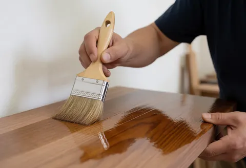 Une main tenant un pinceau applique soigneusement une couche de vernis transparent sur une surface en bois lisse et polie, mettant en valeur le travail artisanal.