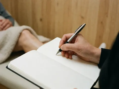 Gros plan d'une main tenant un stylo sur un carnet blanc posé sur les genoux d'un client couvert d'une serviette, dans un cadre professionnel de massage.