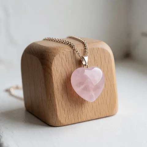 Un collier en quartz rose taillé en cœur suspendu à une fine chaîne, posé sur un bloc de bois clair avec une lumière douce et un fond blanc flou.