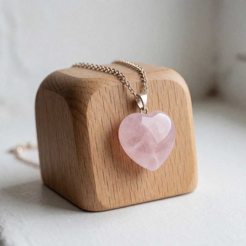 Un collier en quartz rose taillé en cœur suspendu à une fine chaîne, posé sur un bloc de bois clair avec une lumière douce et un fond blanc flou.