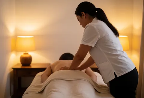 Un thérapeute professionnel masse le dos d'un client allongé sur une table avec une serviette blanche, dans un espace lumineux aux murs blancs.
