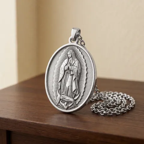 Médaille métallique de la Vierge de Guadalupe suspendue à une chaîne, posée sur une table en bois sombre avec un fond beige et un éclairage doux.