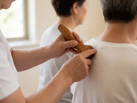 Gros plan d'un outil de massage en bois posé sur une surface, évoquant le bien-être et la relaxation.
