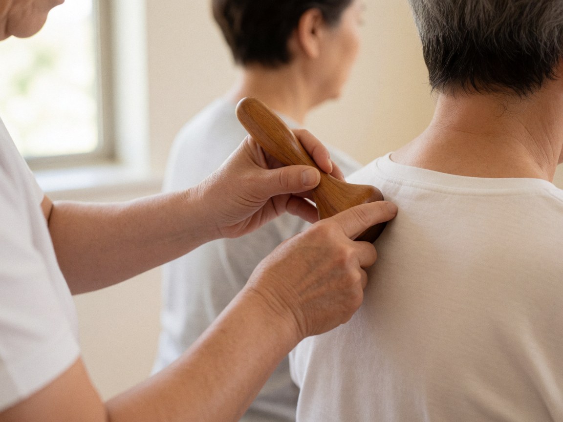 Gros plan d'un outil de massage en bois posé sur une surface, évoquant le bien-être et la relaxation.