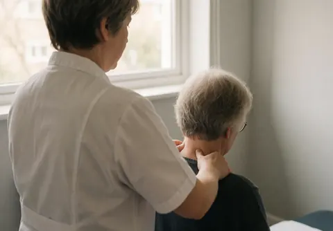 Un physiothérapeute réalise un massage du cou d'un patient assis près d'une fenêtre baignée de lumière naturelle, dans un cadre professionnel et apaisant.