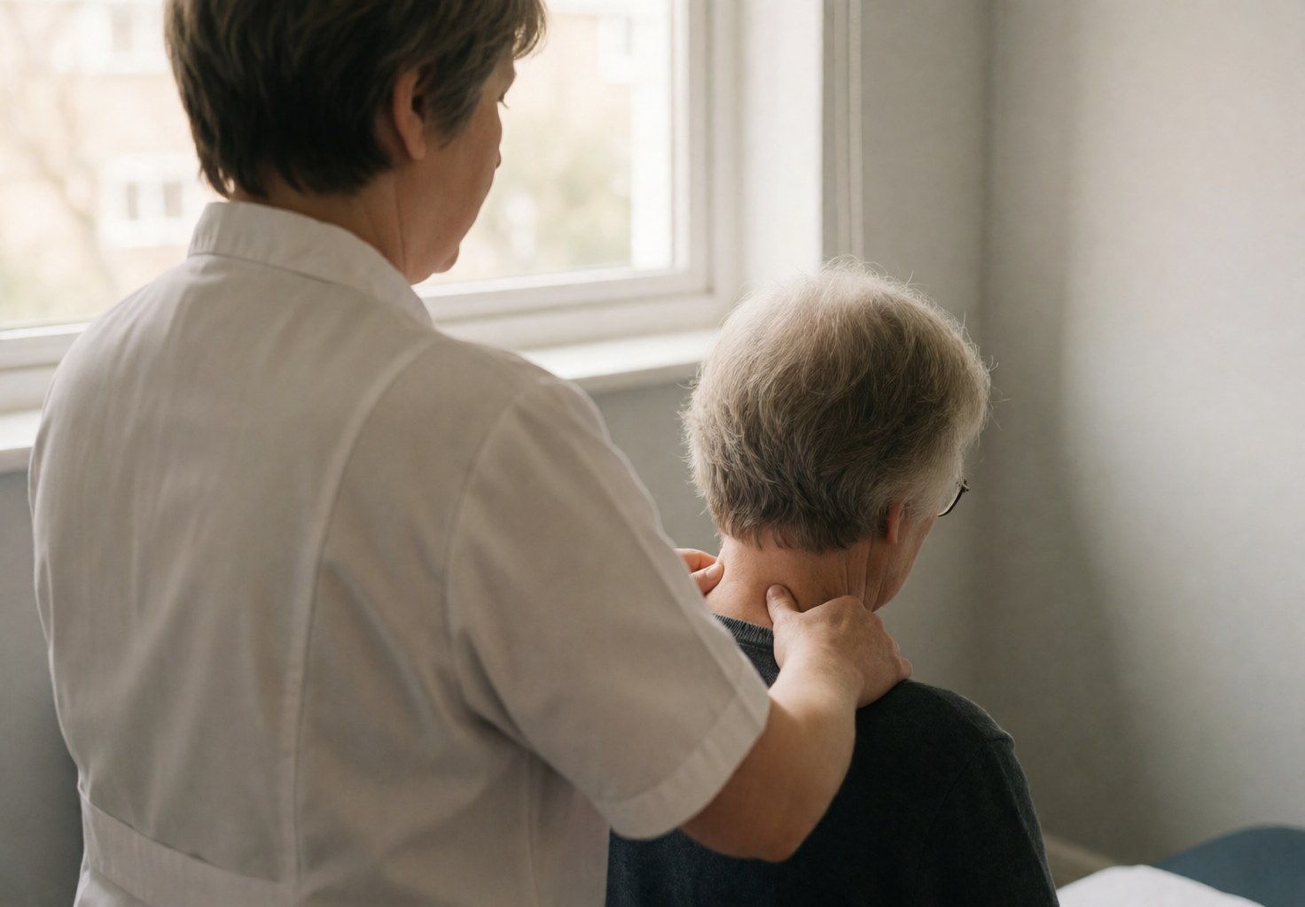 Un physiothérapeute réalise un massage du cou d'un patient assis près d'une fenêtre baignée de lumière naturelle, dans un cadre professionnel et apaisant.