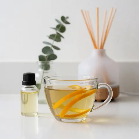 Tasse en verre contenant du thé à l'écorce d'orange et une huile essentielle, posée sur un comptoir blanc avec un diffuseur pour aromathérapie.