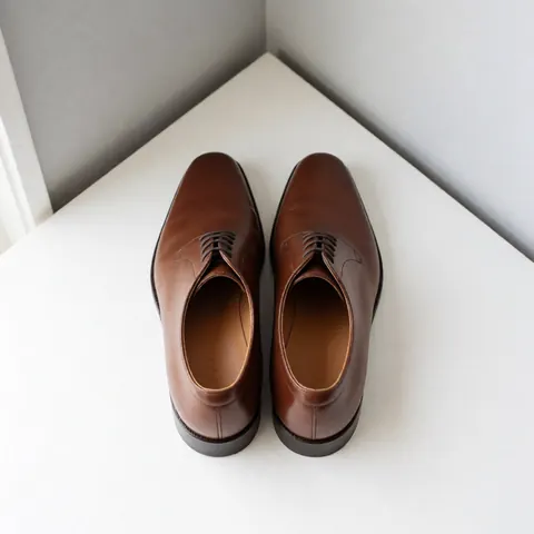 Paire de chaussures de ville en cuir marron restaurée, présentée sur un fond blanc avec une lumière naturelle mettant en valeur la qualité du travail.