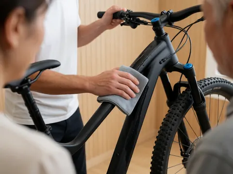 Un technicien utilise un chiffon humide pour nettoyer le cadre noir d'un vélo de montagne dans un atelier aux murs en bois clair, mettant en valeur le détail du travail de nettoyage.