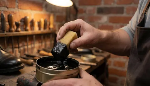 Un artisan cordonnier applique de la cire sur une chaussure dans un atelier avec des murs en briques et des outils visibles.