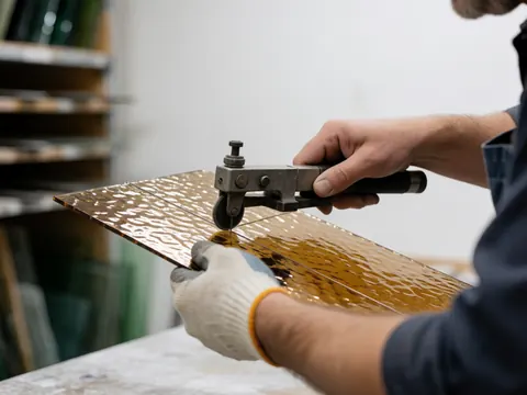 Un artisan coupe avec précision du verre décoratif ambré dans son atelier, mettant en valeur le travail manuel et la texture du matériau.