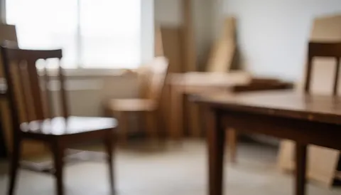 Vue d'un atelier spécialisé dans la réparation et la finition de meubles en bois avec des tons chauds et une lumière douce.