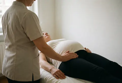 Vue arrière montrant une thérapeute effectuant un massage pelvien sur une cliente allongée, dans le cadre d'un service de bien-être professionnel.