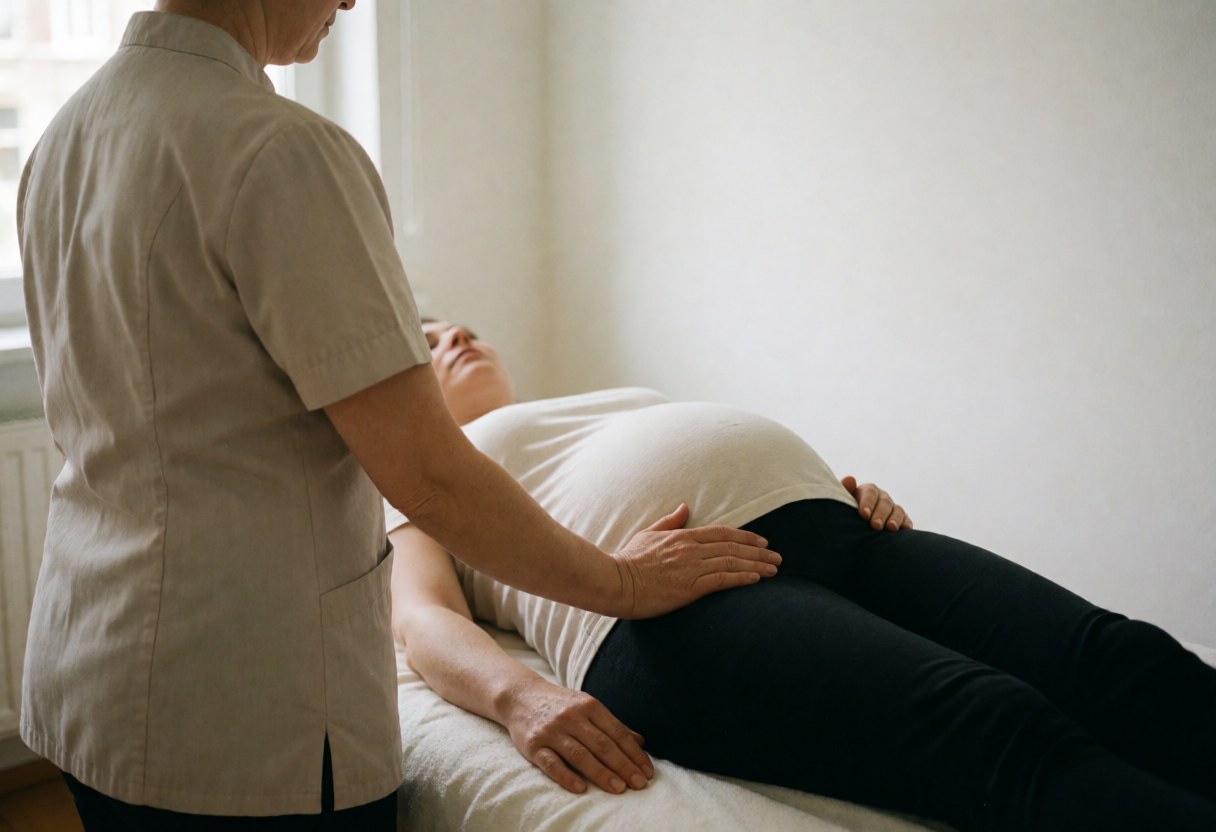 Vue arrière montrant une thérapeute effectuant un massage pelvien sur une cliente allongée, dans le cadre d'un service de bien-être professionnel.