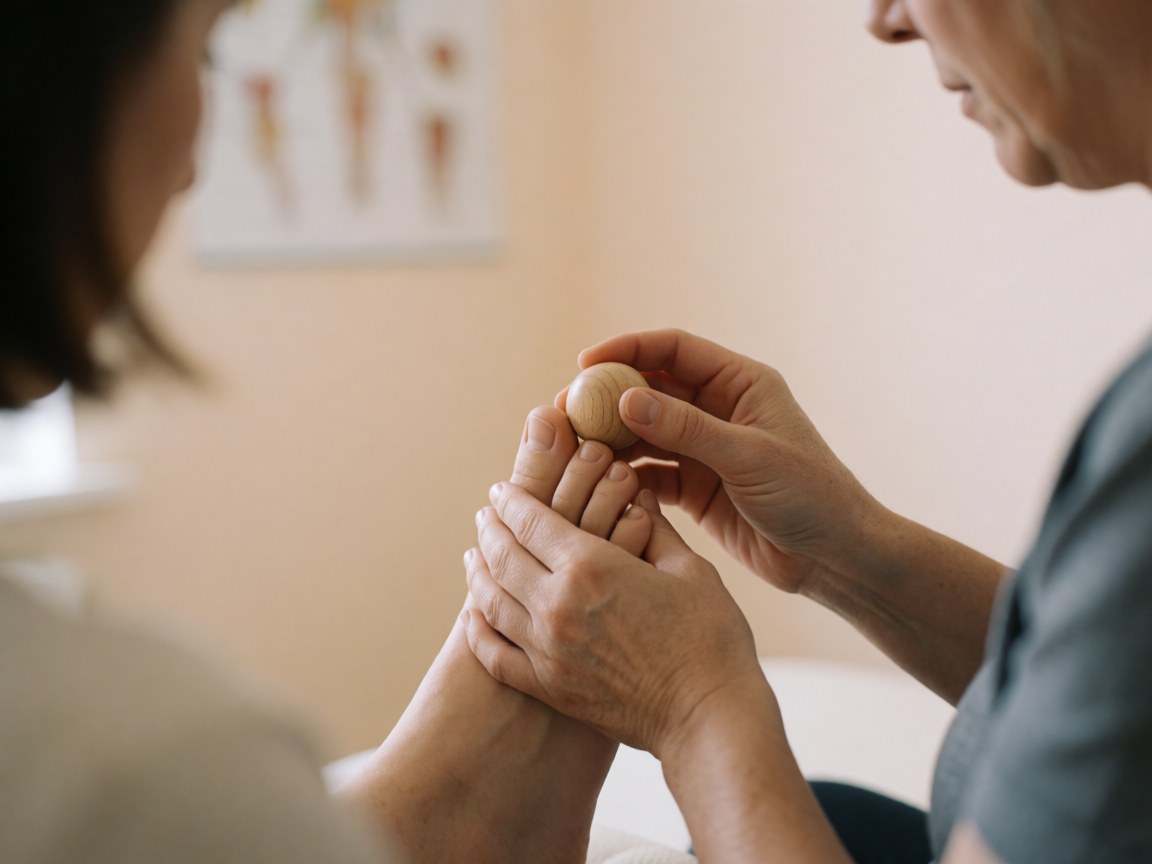 Gros plan d'un massage utilisant une boule en bois sur le pied d'une femme enceinte pour le bien-être et les soins prénataux.