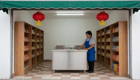 Une femme travaille derrière le comptoir en acier inoxydable d'un petit magasin avec des étagères remplies de produits, un sol à carreaux et deux lanternes rouges suspendues.