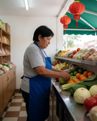 Une femme en tablier bleu arrange des fruits dans un petit magasin aux murs blancs et au sol carrelé, sous des lumières fluorescentes et des suspensions rouges.