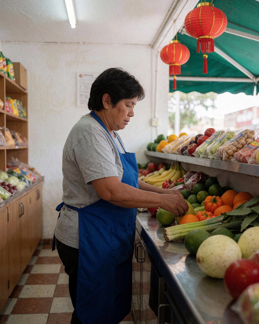 Une femme en tablier bleu arrange des fruits dans un petit magasin aux murs blancs et au sol carrelé, sous des lumières fluorescentes et des suspensions rouges.