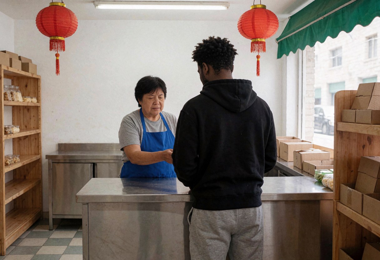Une vendeuse effectuant un service personnalisé auprès d'un client derrière un comptoir en acier inoxydable dans une épicerie.