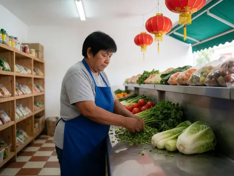 Une femme coupe du persil sur un comptoir en acier dans un mini-marché, entourée de tomates, de laitue et d'oignons, sous des lumières rouges avec des étagères en bois.