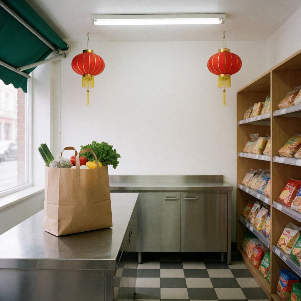 Sac en papier contenant des légumes frais posé sur un comptoir en acier inoxydable dans un minimarket avec étagères, éclairage et auvent vert.