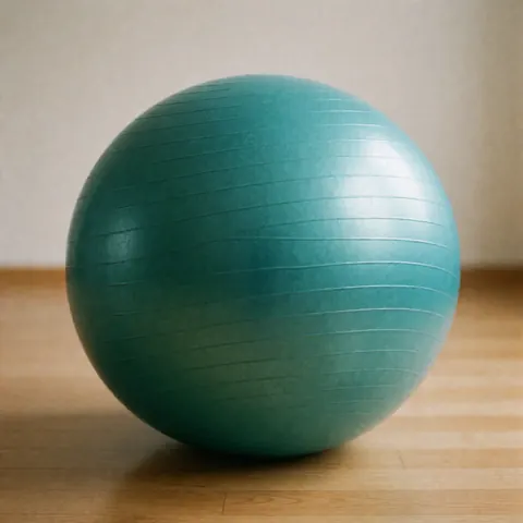 Balle d'exercique de couleur turquoise posée sur une surface en bois clair, vue de face, éclairage doux et neutre.