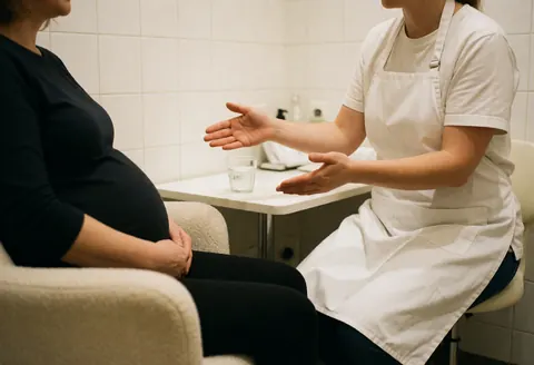 Une thérapeute en uniforme blanc effectue un massage sur une cliente enceinte assise dans un cabinet.
