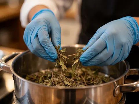 Gants bleus manipulant des herbes séchées au-dessus d'une casserole en acier inoxydable, évoquant un soin maternel chaleureux et précis.