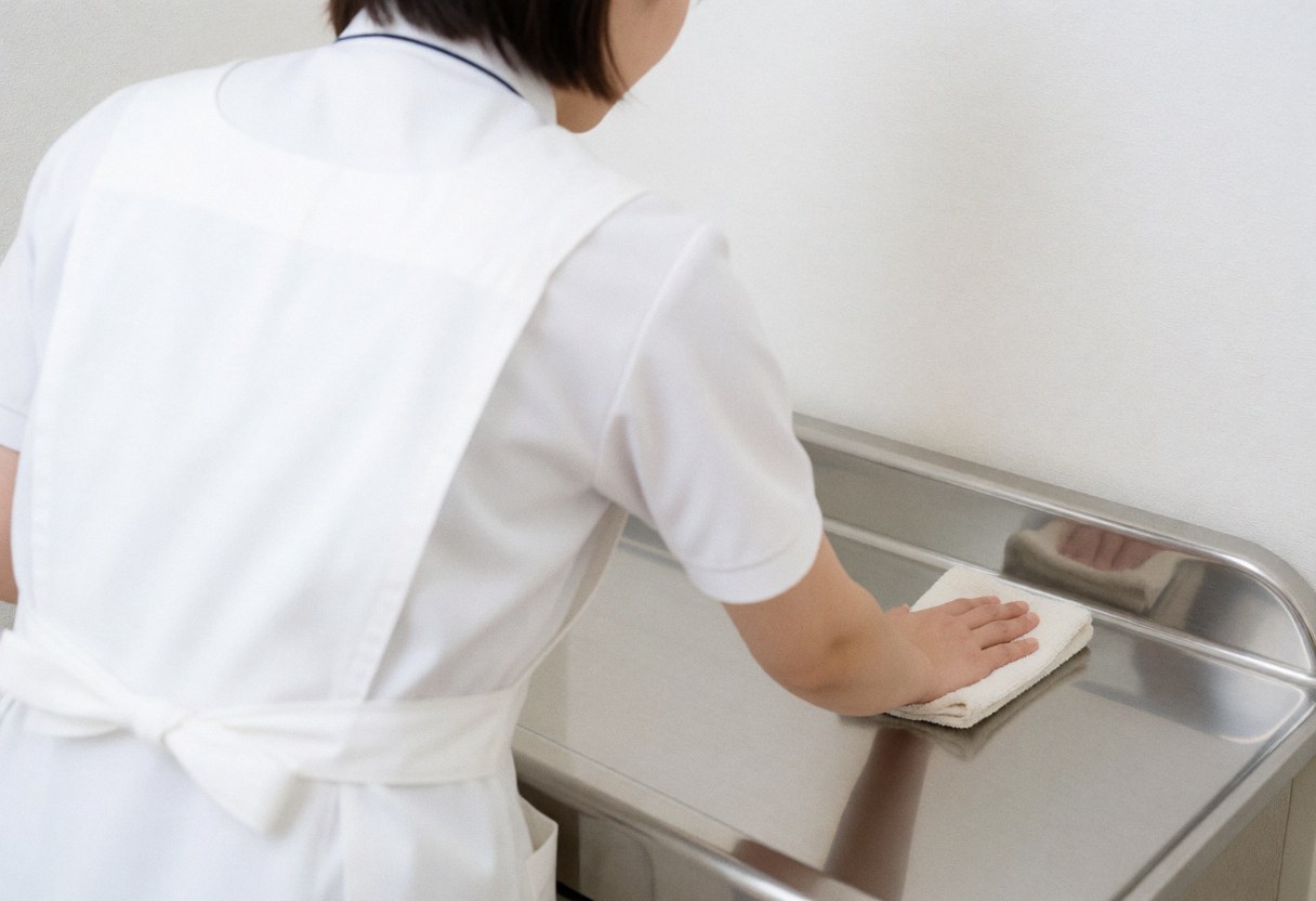 Vue arrière d'une personne portant un tablier blanc qui nettoie une table en acier inoxydable dans un environnement clinique propre et ordonné.