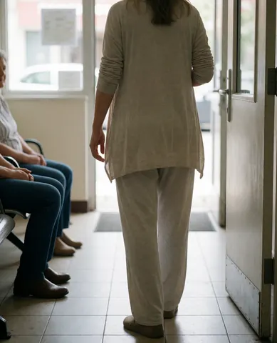 Une femme enceinte vêtue de vêtements confortables pénètre dans une salle d'attente lumineuse avec des chaises, créant une atmosphère relaxante et sécurisante pour la maternité.